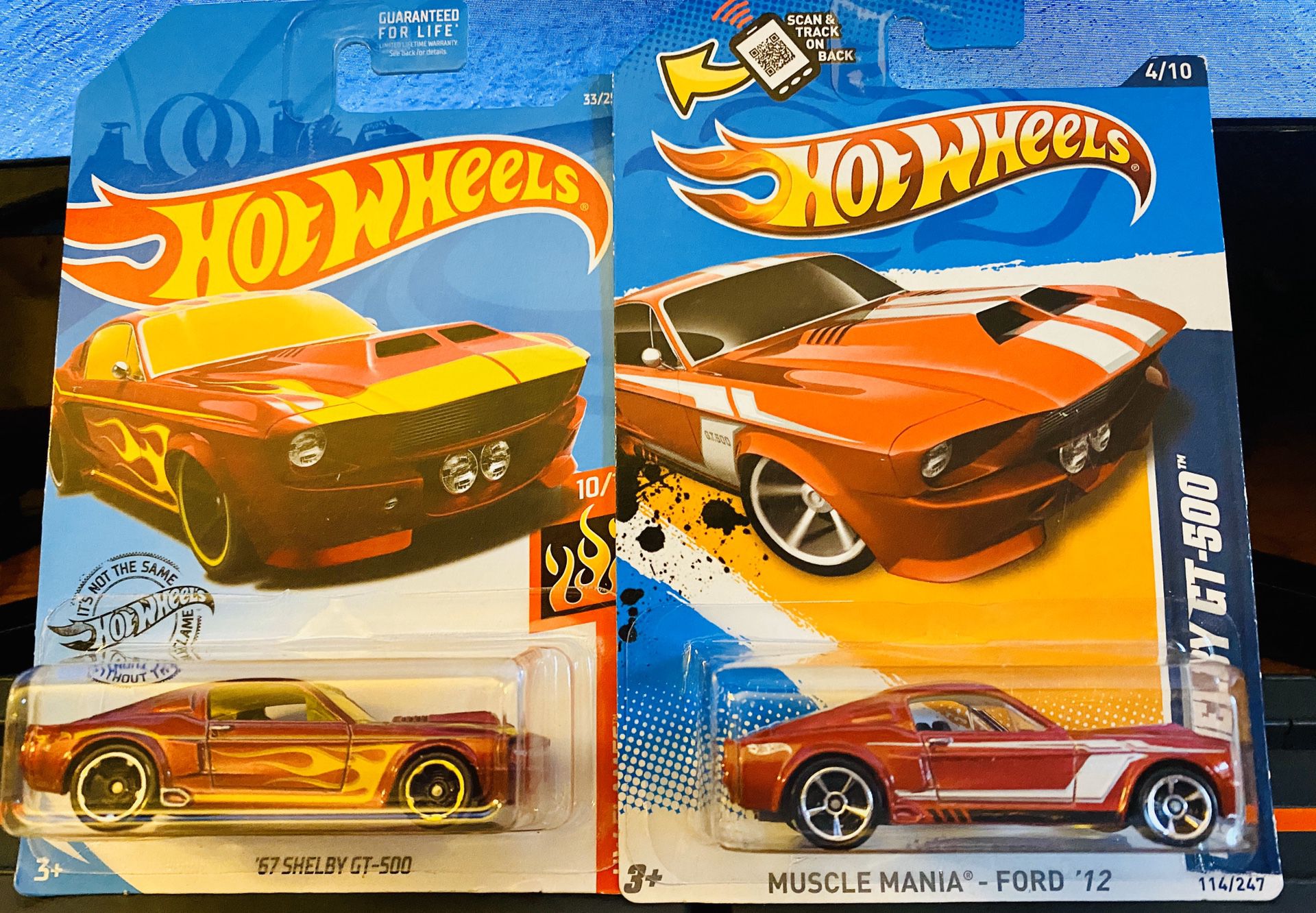 Hot Wheels 1967 Ford Mustang Shelby GT-500’s one in HW flames series and other in muscle mania new