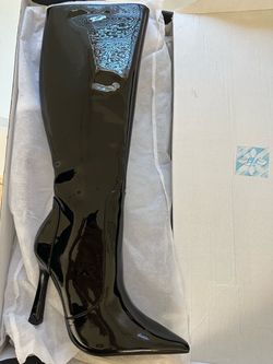 Black Patent Leather Knee-High Heeled Boot
