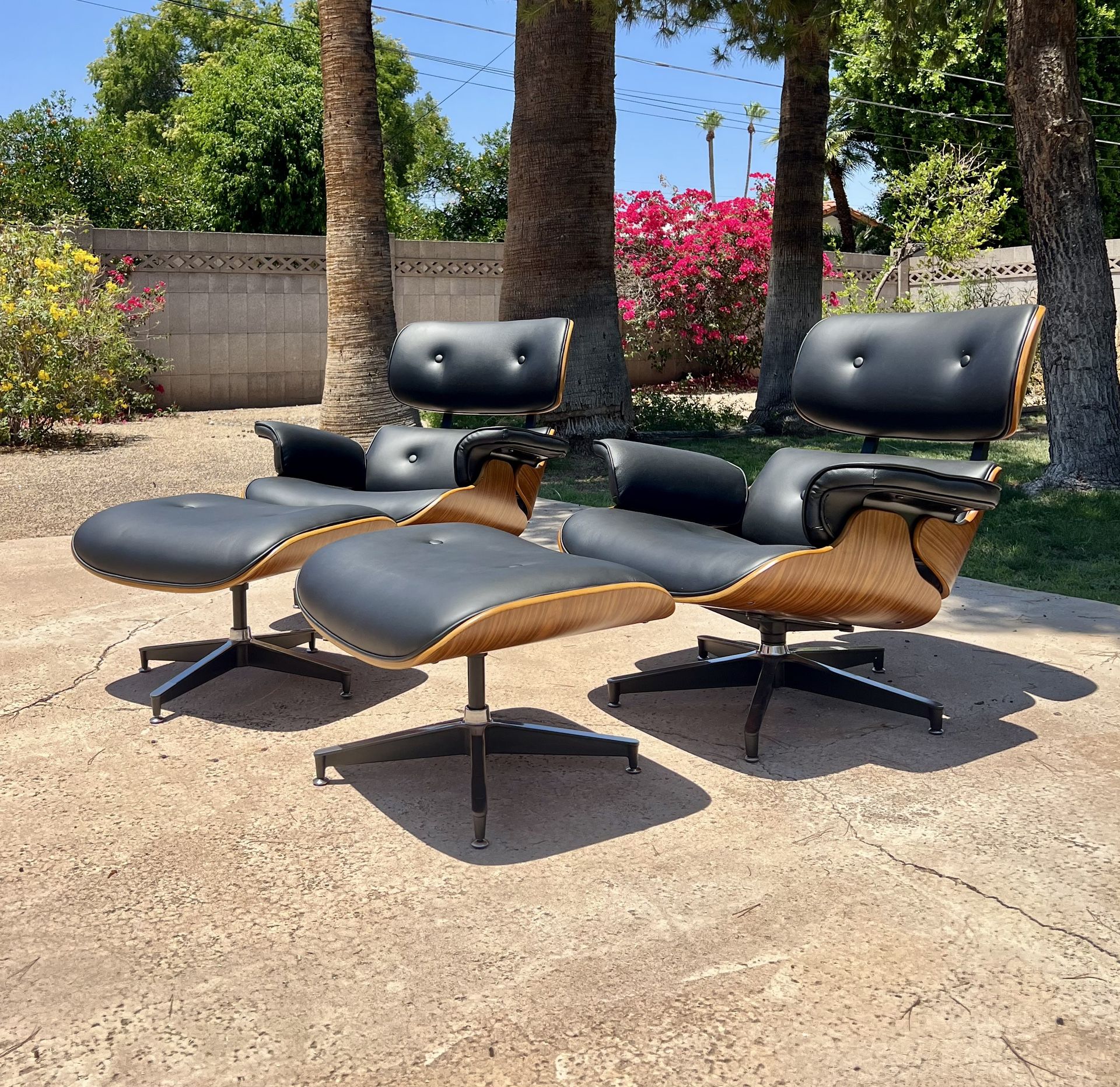 Mid Century Eames Style Lounge Chair in Real Leather and Walnut