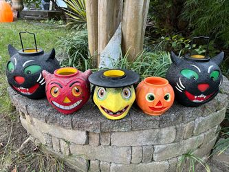 Illuminations Lanterns (5)-Tea Light Votives-Vintage Halloween-Cats, Witch, Devil & Pumpkin