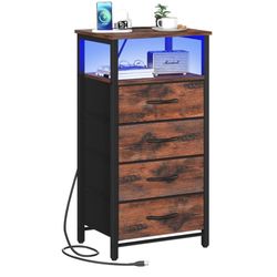 Nightstand with Charging Station, Bedside Table with 4 Fabric Storage Drawers ,End Table, Small Dresser Brown