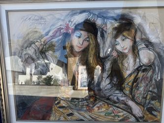 Signed Framed Mixed Media Art Two Women