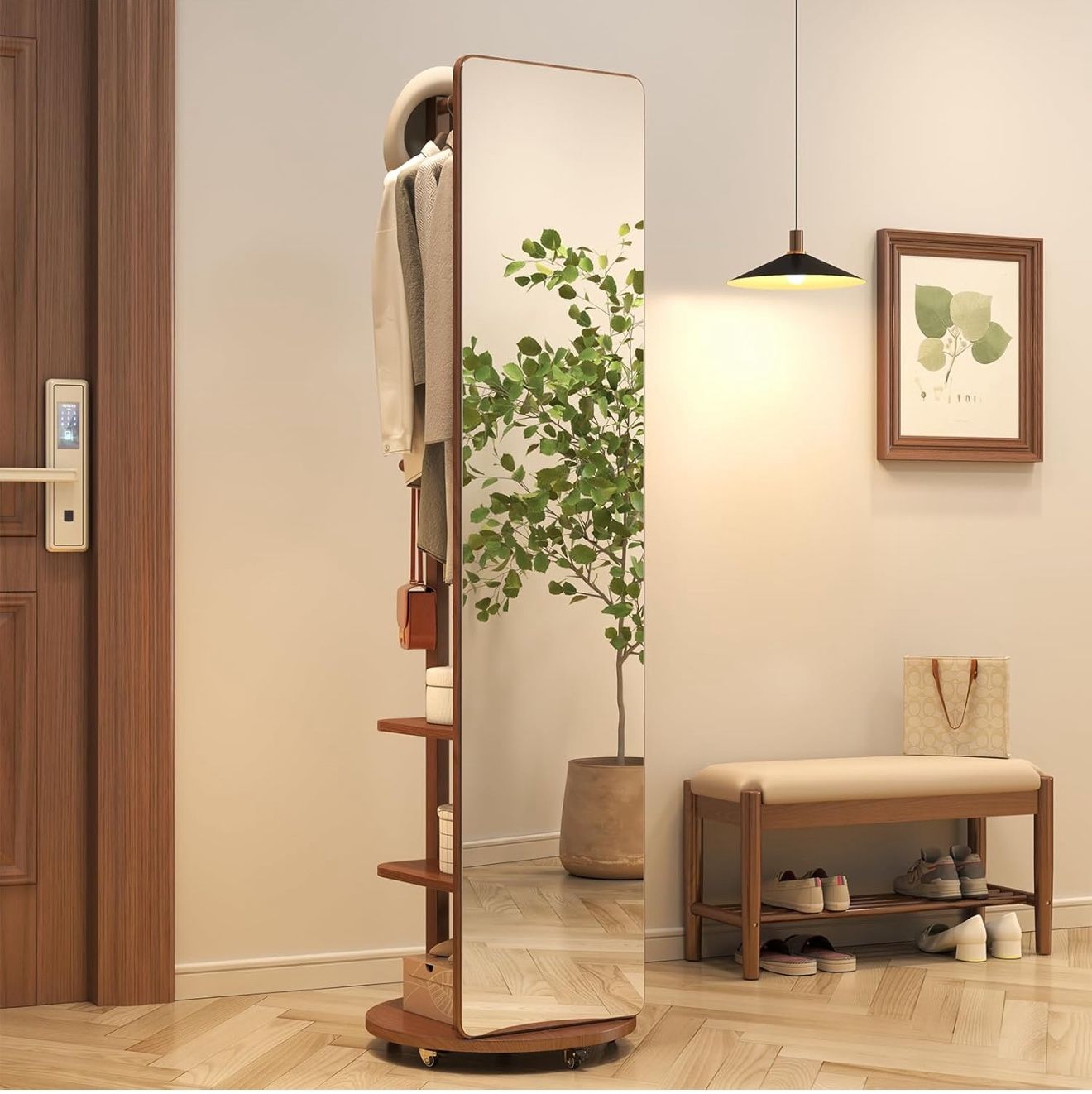 Standing Mirror, Solid Wood Rotary Coat Rack Full Length Mirror, Floor Mirrors for Bedroom, Living Room, Entryway, 69'' x 16'' Entryway Mirrors with H