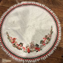 Vintage Felt Christmas Tree Skirt Green + Red Fringed Gingerbread House Children