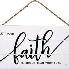 Faith Bigger Than Fear Wood Plank Hanging Sign for Home Decor (13.75 x 6.9 Inches with White Background)