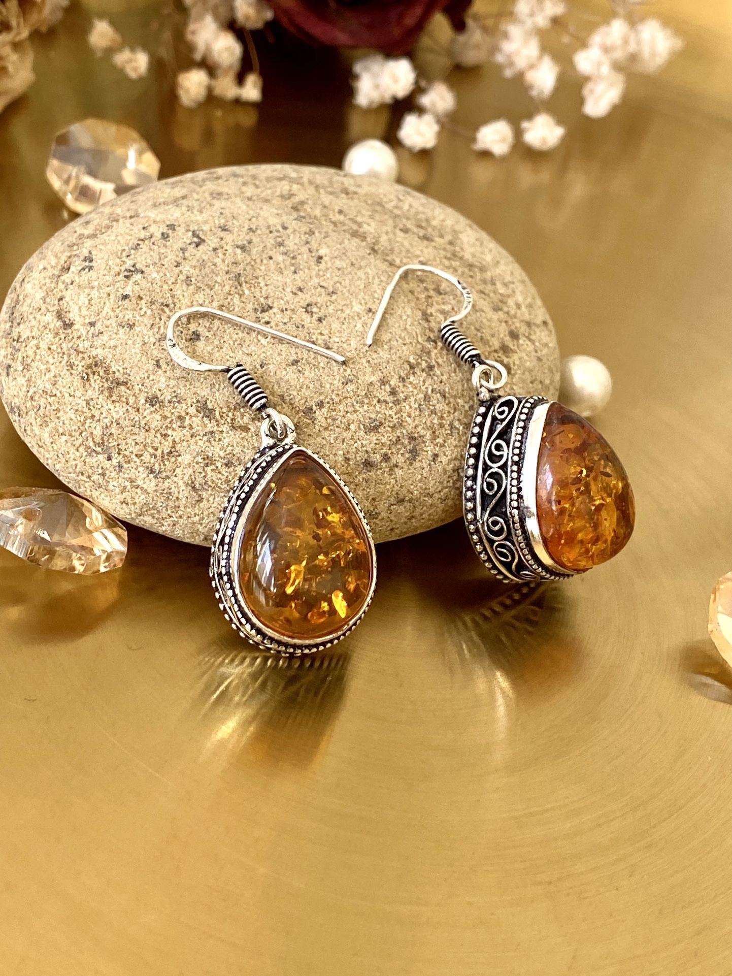 Baltic Amber 925 Sterling Silver Overlay Antique Style Earrings