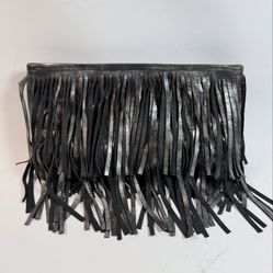 Vintage Posse NYC Black Metallic Leather Fringe Clutch $385