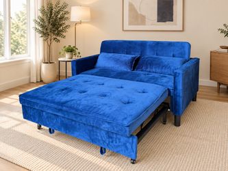 Like New Blue Velvet Sleeper Sofa Bed – Pull-Out Couch – Never Used