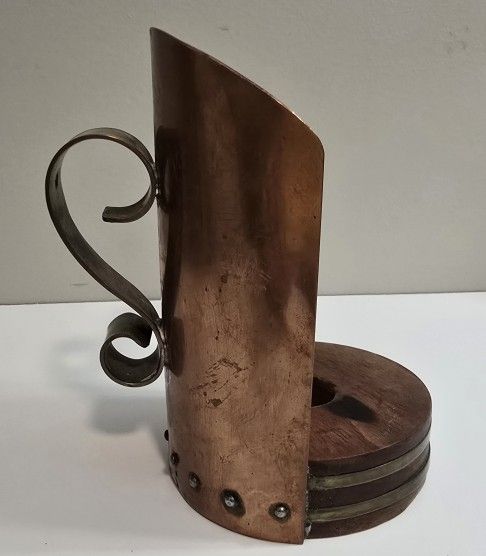 Primitive Copper Candle Holder Vintage Copper & Wood Base Ornate Handle 5"