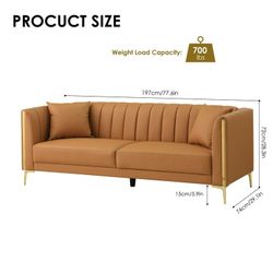 77.6" 3 Seater Sofa, Modern PU Leather Couch with Golden Legs & Armrests & 2 Pillows for Living Room, Brown