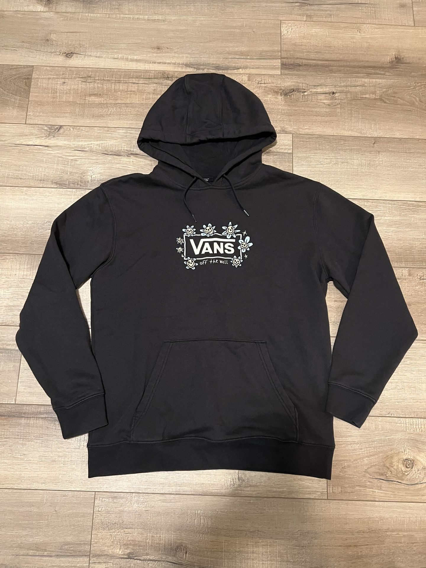 Van's Off The Wall Trippy Grin Daisy Flowers Men's Black Hoodie Sweatshirt Size L