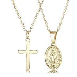 18k gold plated religious chain set with cross and virgin Mary pendant!