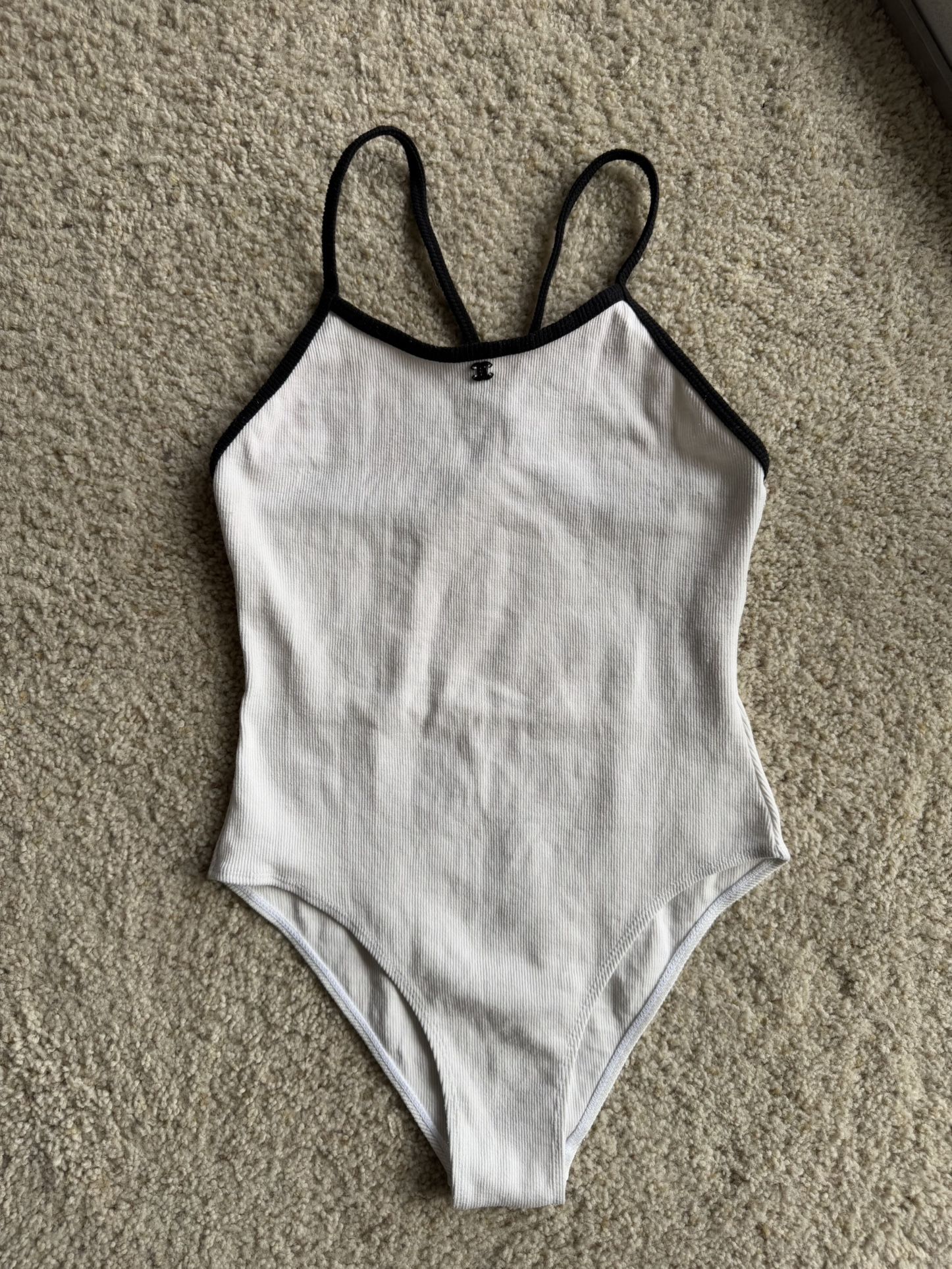 Chanel ribbed bodysuit — white/black, Petite L (fits regular S/M)