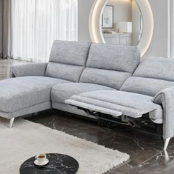 Brand New Super Plush Grey Chenille Power Reclining Sectional Sofa 