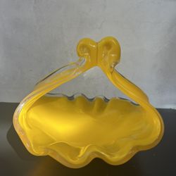 Mid-Century Yellow Art Hand Blown Glass Basket 7 x 7 x 6"