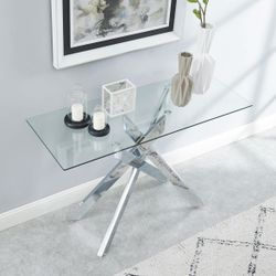 Modern Style Console Table Narrow Sofa Table with Tempered Glass Top and Metal Tubular Legs, 45" Lx18 Wx30 H, Silver