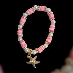 Pink & Gold Starfish Heishi Bead Bracelet | Preppy Summer Jewelry