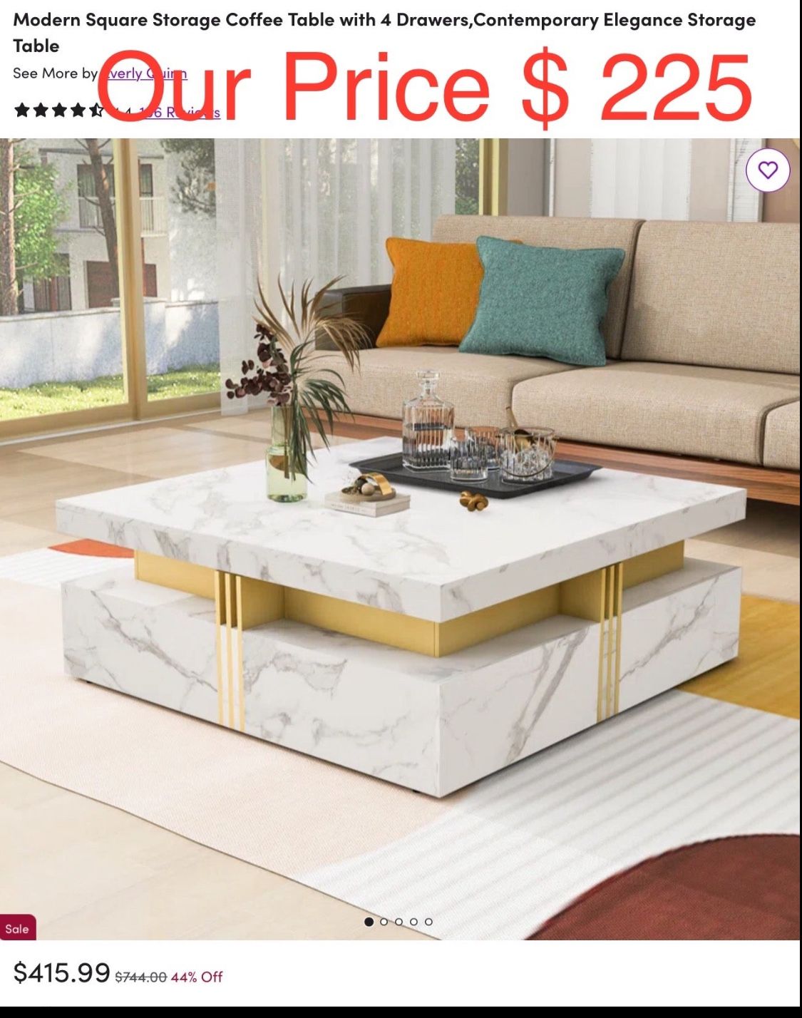Modern Square Storage Coffee Table with 4 Drawers, Contemporary Elegance Storage Table