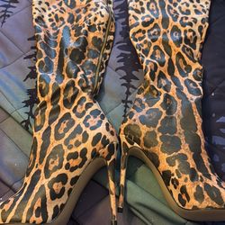 Women Thigh High Boots Leopard Faux Patent Leather Pointed Toe High Heel 