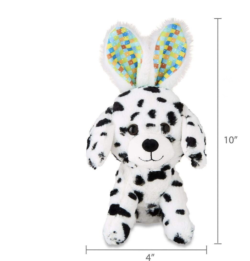 plush puppy with bunny ears black/white spotted.10in