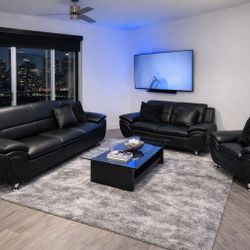 Modern Black Leather 3 Piece Sofa Set