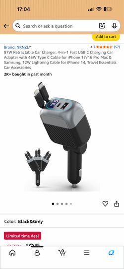NKNZLY 87W Retractable 4-in-1 Fast Car Charger Adapter
