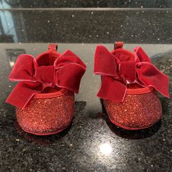 Cat & Jack Baby Girls 0-3 M Red Glitter Sparkle Booties Shoes Elastic Bow