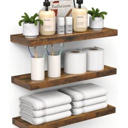 Floating Shelves for Wall – Bathroom Shelves Rustic Wood wMetal Brackets for Bathroom, Bedroom, Kitchen, or Living Room Decor~Rustic Brown, Set  of 3