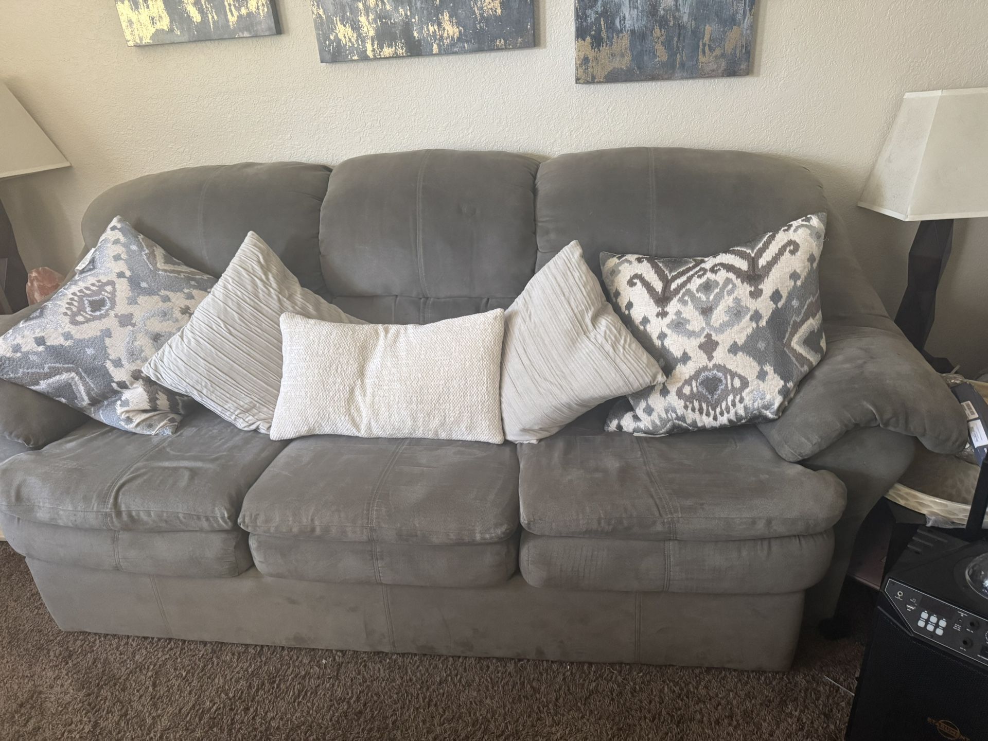 Couch, Love Seat And Matching Foot Stools.
