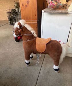 Kids Ride-On Plush Horse Toy with Wheels
