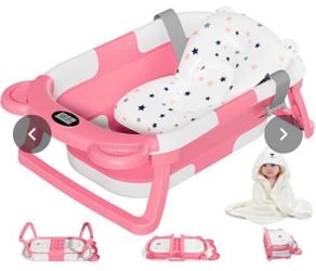 MoreFeel Collapsible Baby Bathtub for Newborn with Thermometer & 1 Hooded Towel & 1 Soft Floating Cushion,Portable Travel Bathtub with Drain Hole, Dur