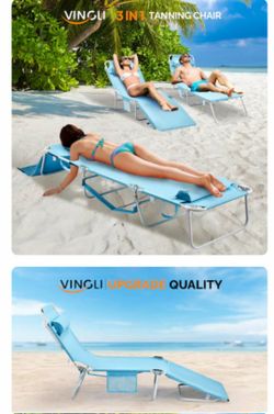 VINGLI 475lbs Beach Lounge Chair with Face Hole/Height-Adjustable Tanning Lounger with Anti-Tip Design Carrying Bag Blue