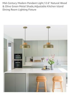 Mid-Century Modern Pendant Light,12.6" Natural Wood & Olive Green Metal Shade,Adjustable Kitchen Island Dining Room Lighting Fixture