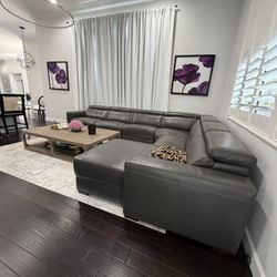 Huge Grey Leather Sectional W 3 Recliners And Chaise