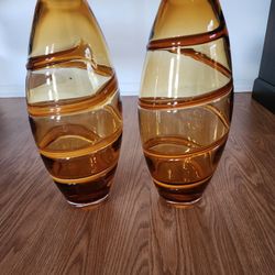 2 Blown Orange Glass Vases 
