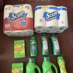 Gain Detergent, Dryer Sheets, Scent Beads, Scott Paper Towel, Scott 1000 Toilet Paper, Irish Spring Body Wash, Shampoo: 10 Items For $50 