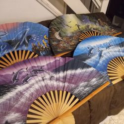 Medium SiZE Wall Fan Hand painted QArt 3feet Wide. Silk.bamboo