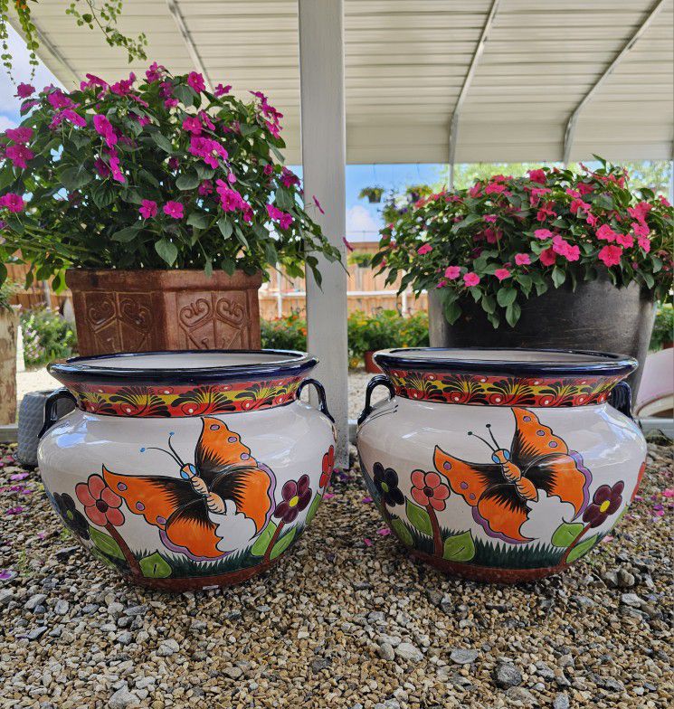 Talavera Orange Butterfly Clay Pots. Planters. Plants. Pottery $55 cada uno