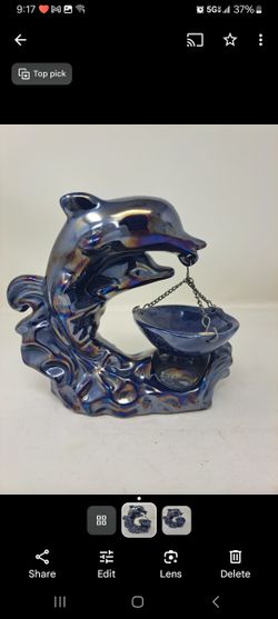 Pearlescent Ceramic Cobalt Blue Two Leaping Dolphins Tea Light Wax Warmer By Marex 