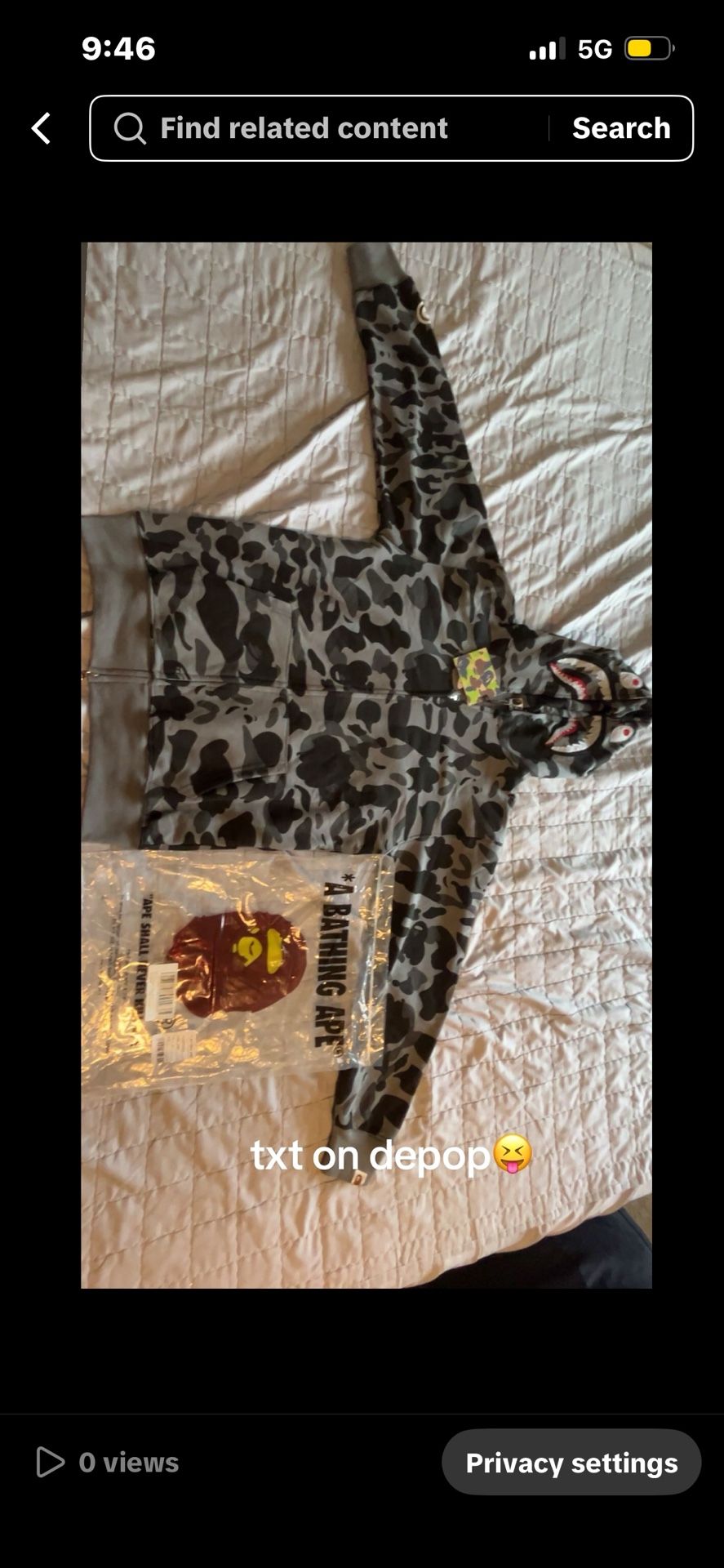 bape hoodie black and gray camo size large 