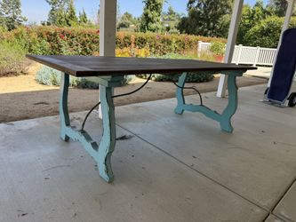 Vintage Rustic Wood Dining Table | Farmhouse Style | Turquoise Base