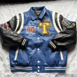 MSRP $269 True Religion Patch Embroidery Varsity Jacket Blue Black Mens Size XL