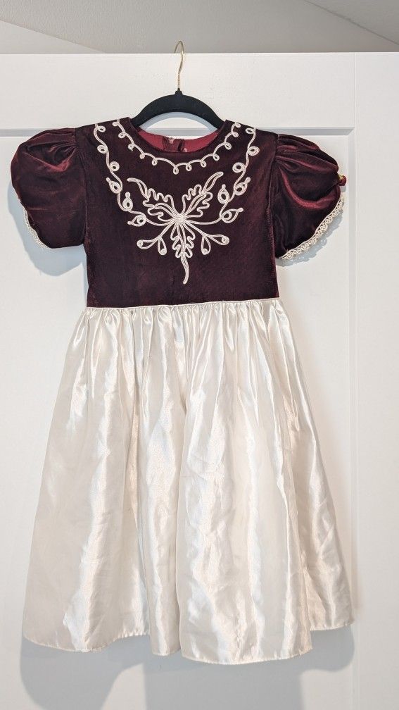 Girls Ivory Velvet Burgundy S/S Back Tie Holiday Party Dress 5