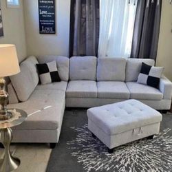 Gray Linen Sectional Couch And Ottoman 