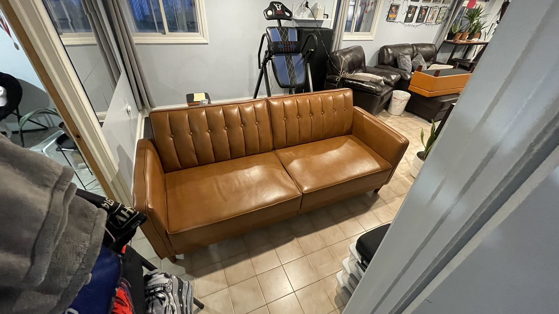Caramel Faux Leather Couch With Ottoman