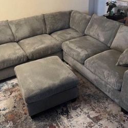 4-pc Sectional Sofa With Ottoman Grey Corduroy Brand New