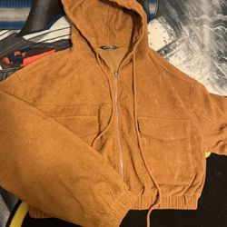 Shein Womens Cropped Medium Sz 38 US 6 Corduroy mocha Chestnut Hooded Jacket Pockets New!