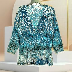'Chico's Travelers' empire waist shirt blue & turquoise animal print Sz. 2 (L)