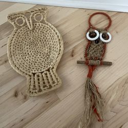 Set Of 2 Vintage Wicker/Macrame Owls