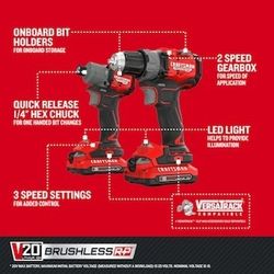 This Craftsman V20 RP Brushless 2-Tool Combo Kit (model CMCK2530C2) includes a cordless drill/driver and an impact driver.